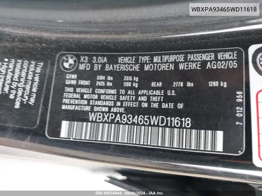 WBXPA93465WD11618 2005 BMW X3 3.0I