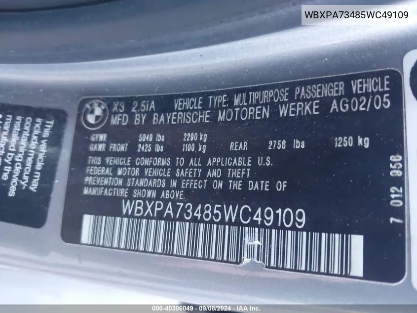 WBXPA73485WC49109 2005 BMW X3 2.5I