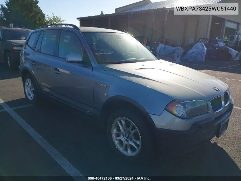 2005 BMW X3 2.5I VIN: WBXPA73425WC51440 Lot: 40472136