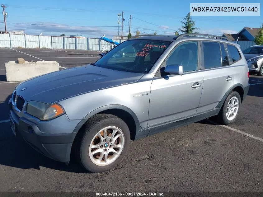 2005 BMW X3 2.5I VIN: WBXPA73425WC51440 Lot: 40472136