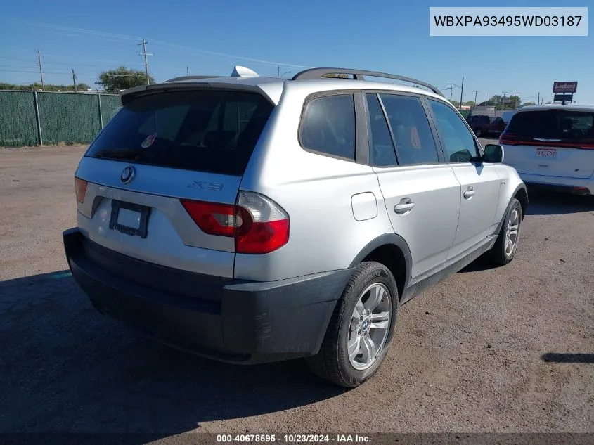 2005 BMW X3 3.0I VIN: WBXPA93495WD03187 Lot: 40678595