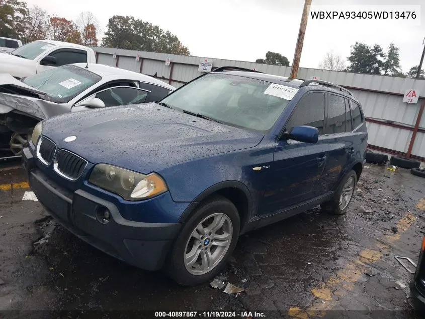 2005 BMW X3 3.0I VIN: WBXPA93405WD13476 Lot: 40897867