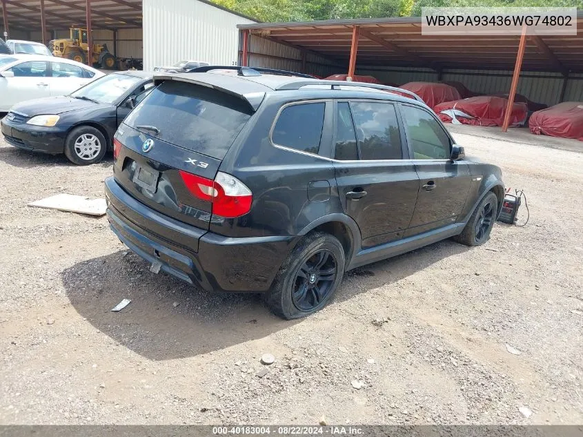 2006 BMW X3 3.0I VIN: WBXPA93436WG74802 Lot: 40183004