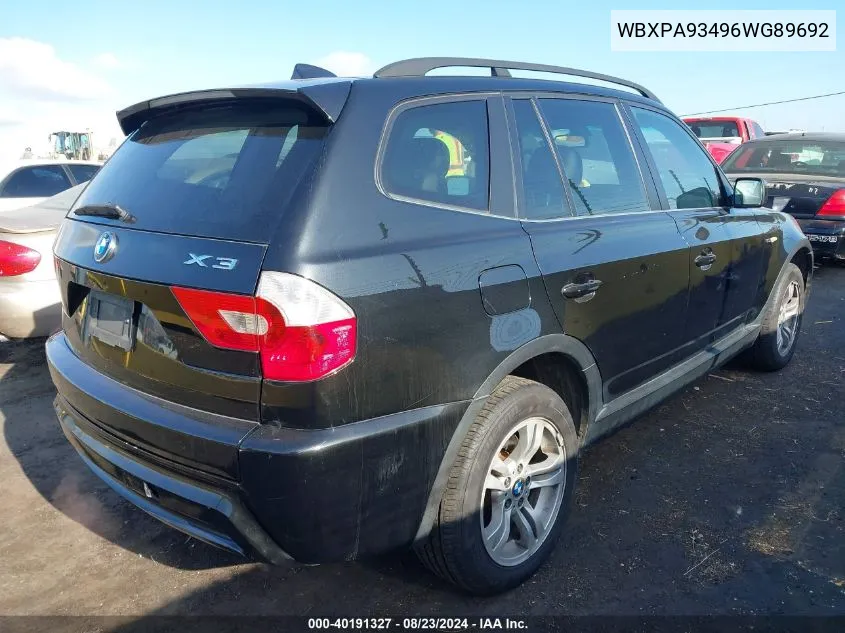 2006 BMW X3 3.0I VIN: WBXPA93496WG89692 Lot: 40191327