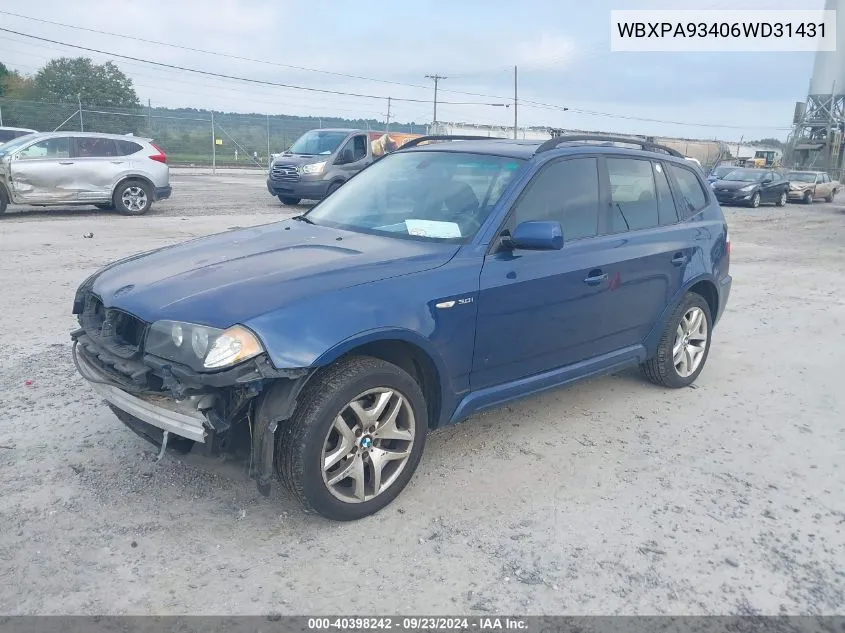 2006 BMW X3 3.0I VIN: WBXPA93406WD31431 Lot: 40398242