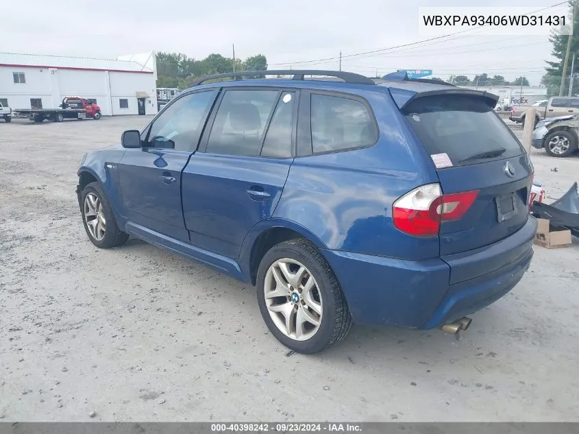 2006 BMW X3 3.0I VIN: WBXPA93406WD31431 Lot: 40398242