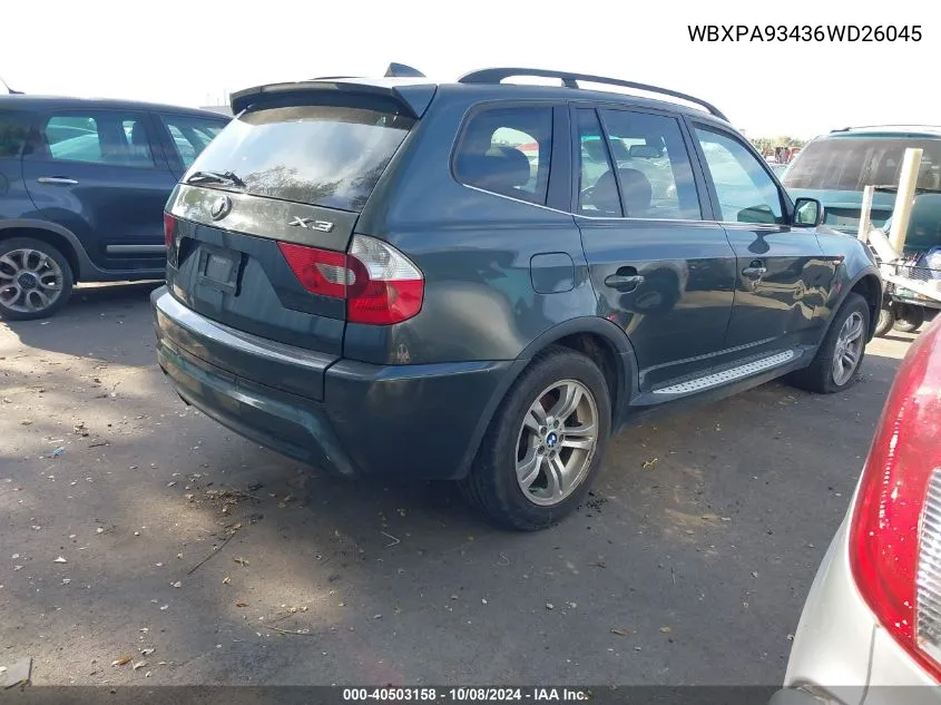 2006 BMW X3 3.0I VIN: WBXPA93436WD26045 Lot: 40503158