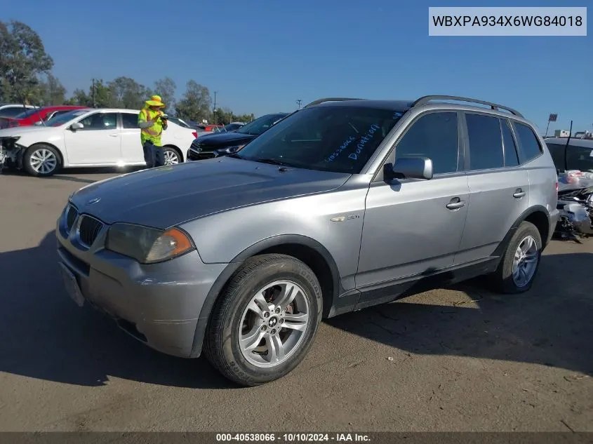 2006 BMW X3 3.0I VIN: WBXPA934X6WG84018 Lot: 40538066