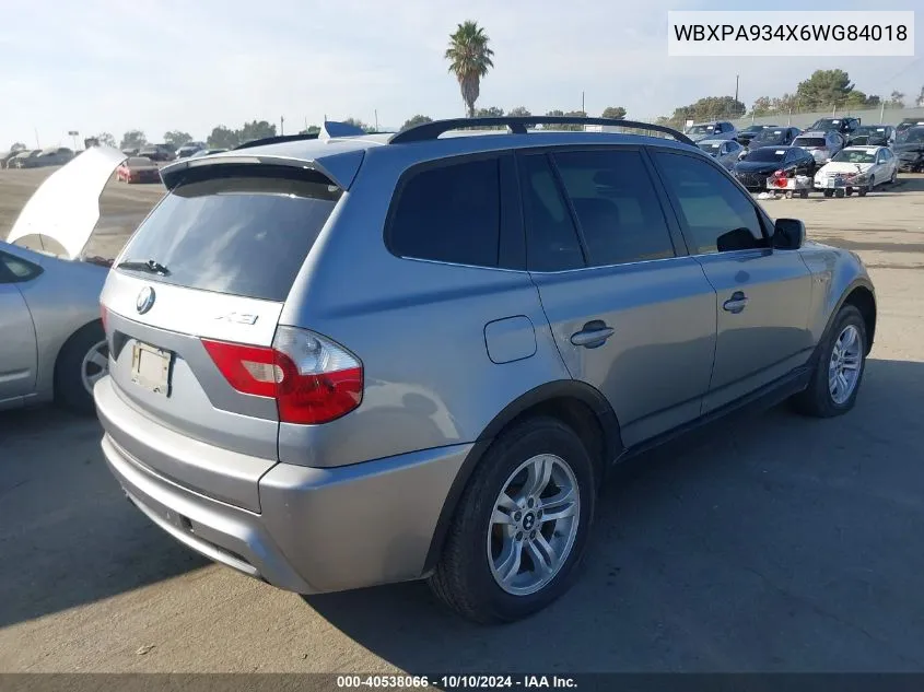 2006 BMW X3 3.0I VIN: WBXPA934X6WG84018 Lot: 40538066