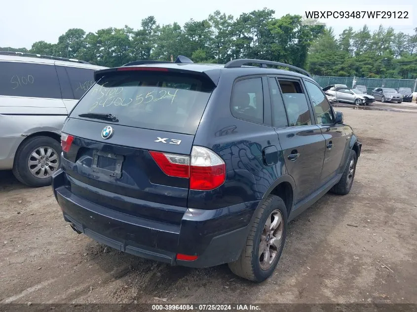 2007 BMW X3 3.0Si VIN: WBXPC93487WF29122 Lot: 39964084