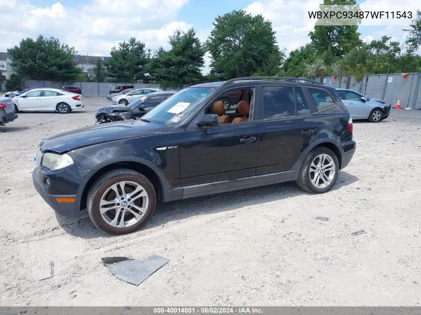 2007 BMW X3 3.0Si VIN: WBXPC93487WF11543 Lot: 40014801