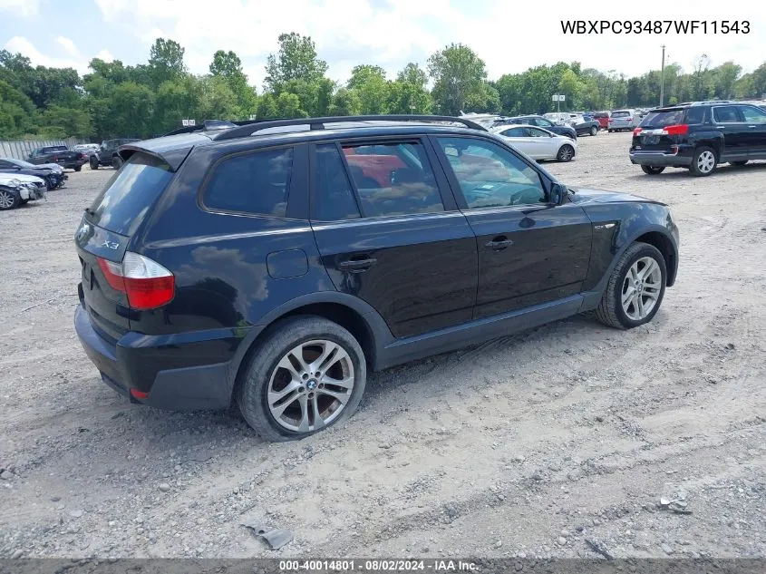 2007 BMW X3 3.0Si VIN: WBXPC93487WF11543 Lot: 40014801