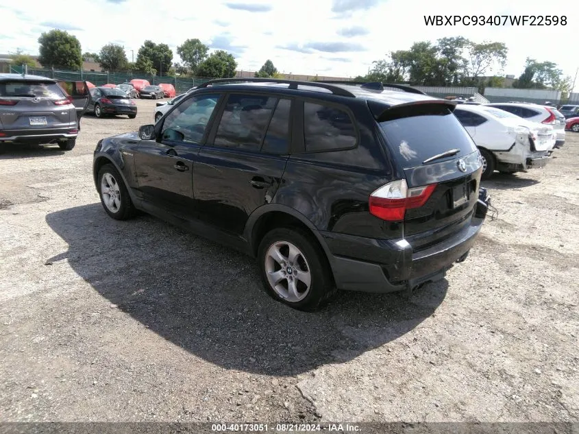 2007 BMW X3 3.0Si VIN: WBXPC93407WF22598 Lot: 40173051