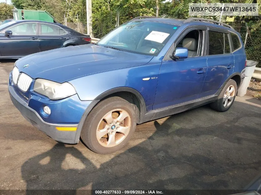 2007 BMW X3 3.0Si VIN: WBXPC93447WF13645 Lot: 40277633