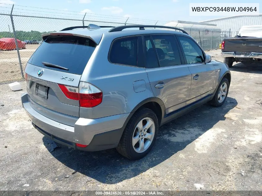 2008 BMW X3 3.0Si VIN: WBXPC93448WJ04964 Lot: 39424520