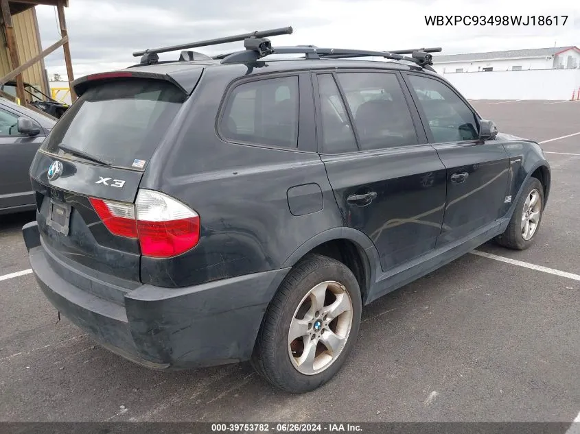 2008 BMW X3 3.0Si VIN: WBXPC93498WJ18617 Lot: 39753782