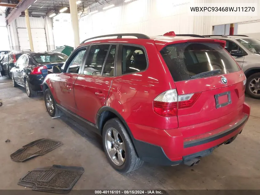 2008 BMW X3 3.0Si VIN: WBXPC93468WJ11270 Lot: 40116101