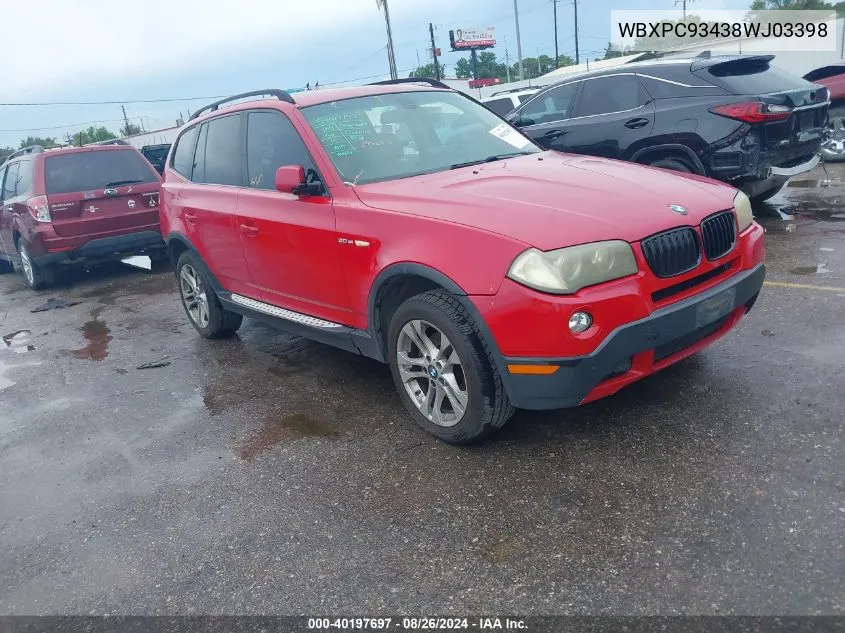 2008 BMW X3 3.0Si VIN: WBXPC93438WJ03398 Lot: 40197697