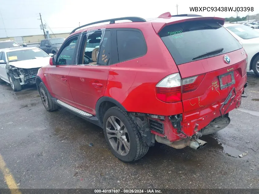 2008 BMW X3 3.0Si VIN: WBXPC93438WJ03398 Lot: 40197697