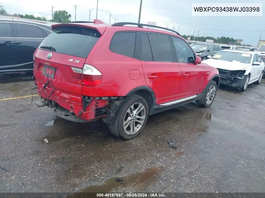 2008 BMW X3 3.0Si VIN: WBXPC93438WJ03398 Lot: 40197697