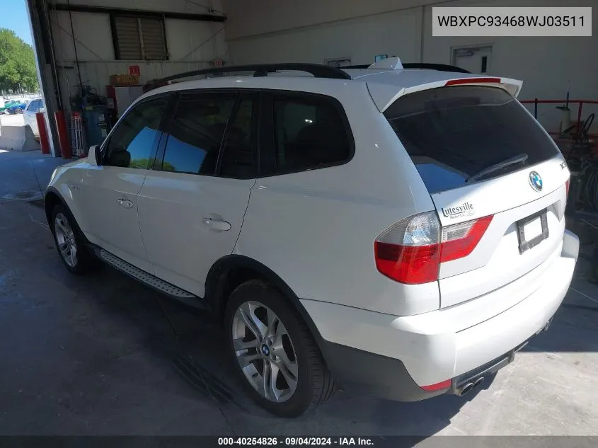 2008 BMW X3 3.0Si VIN: WBXPC93468WJ03511 Lot: 40254826