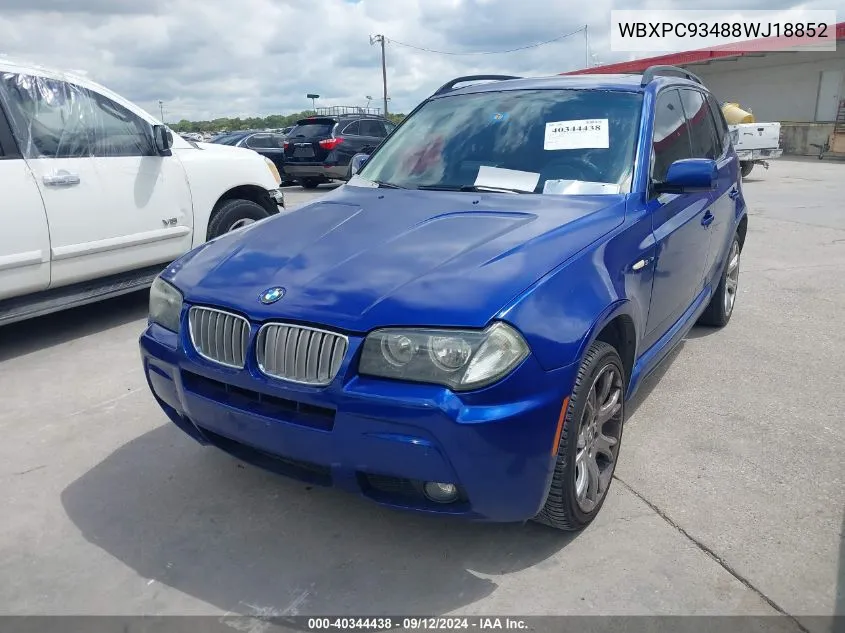 2008 BMW X3 3.0Si VIN: WBXPC93488WJ18852 Lot: 40344438