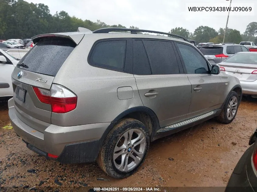 2008 BMW X3 3.0Si VIN: WBXPC93438WJ09069 Lot: 40426251