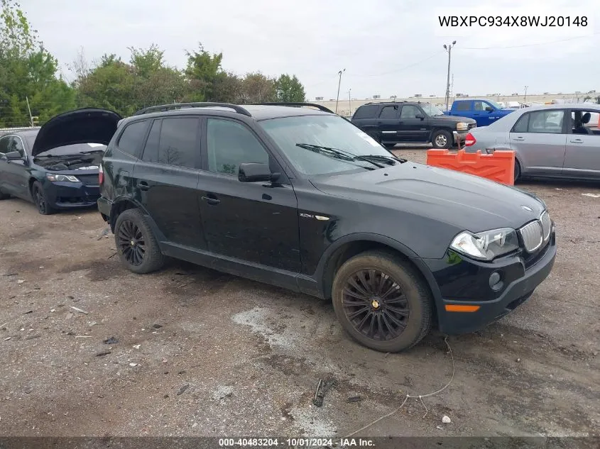 2008 BMW X3 3.0Si VIN: WBXPC934X8WJ20148 Lot: 40483204