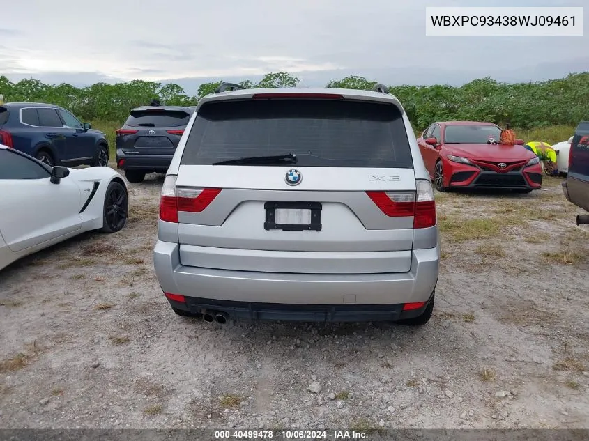 2008 BMW X3 3.0Si VIN: WBXPC93438WJ09461 Lot: 40499478