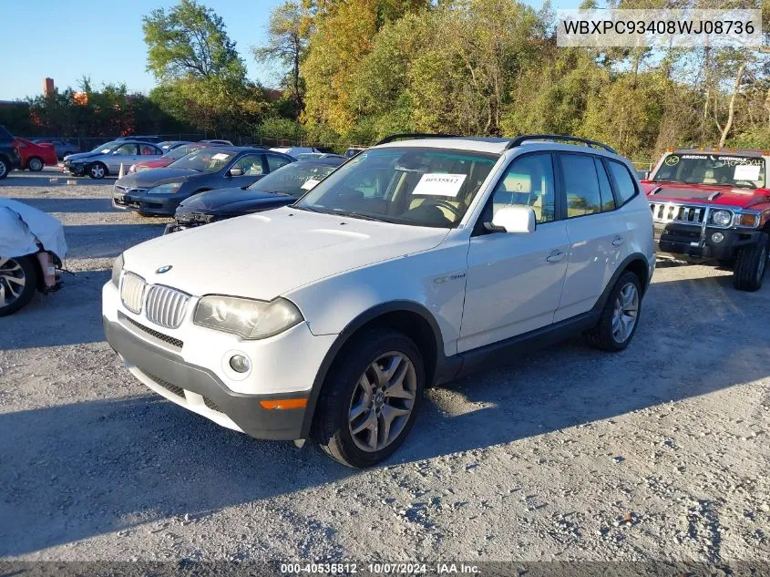 2008 BMW X3 3.0Si VIN: WBXPC93408WJ08736 Lot: 40535812