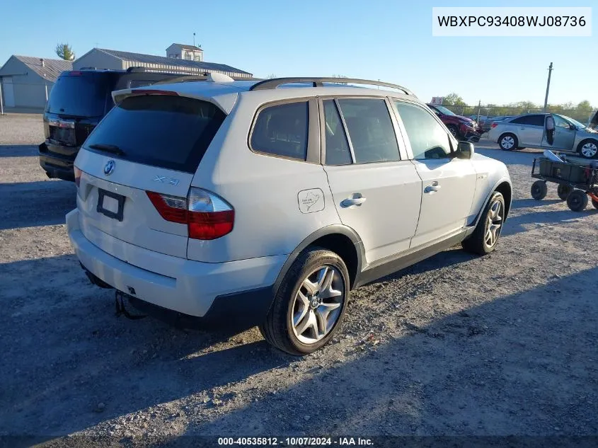 2008 BMW X3 3.0Si VIN: WBXPC93408WJ08736 Lot: 40535812