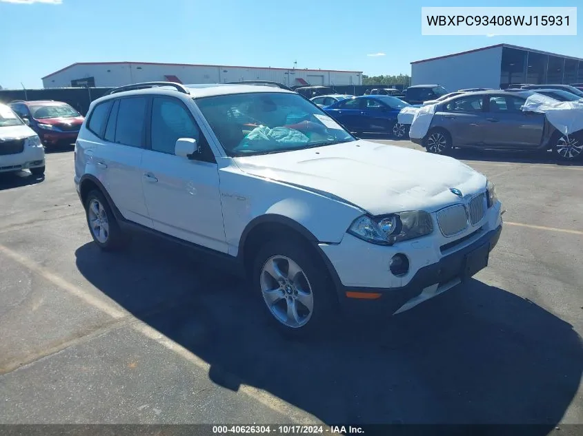 2008 BMW X3 3.0Si VIN: WBXPC93408WJ15931 Lot: 40626304