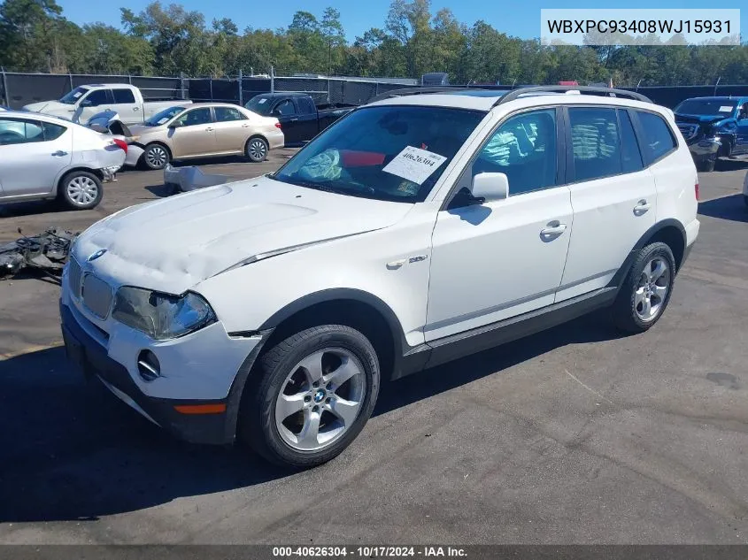 2008 BMW X3 3.0Si VIN: WBXPC93408WJ15931 Lot: 40626304