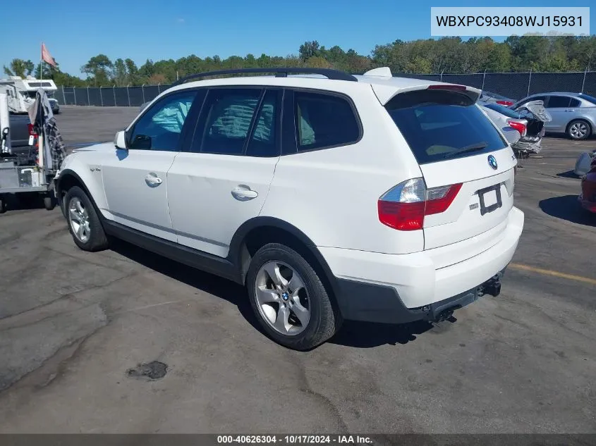 2008 BMW X3 3.0Si VIN: WBXPC93408WJ15931 Lot: 40626304