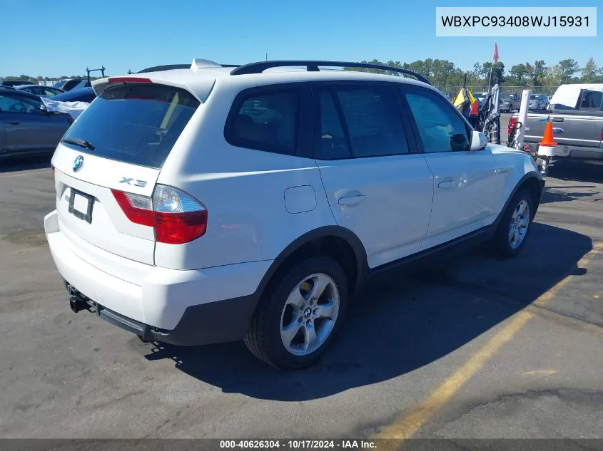 2008 BMW X3 3.0Si VIN: WBXPC93408WJ15931 Lot: 40626304