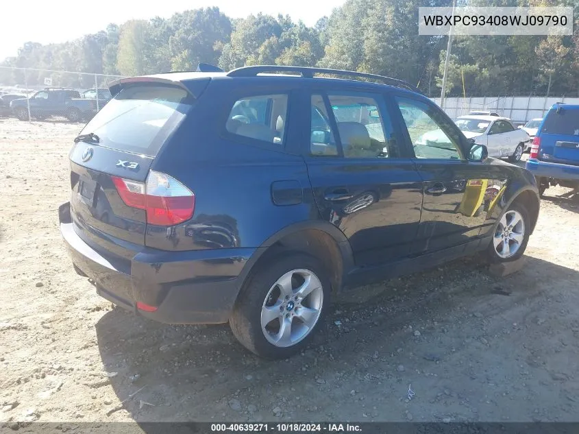 2008 BMW X3 3.0Si VIN: WBXPC93408WJ09790 Lot: 40639271