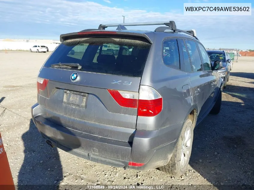 2010 BMW X3 VIN: WBXPC7C49AWE53602 Lot: 12108849