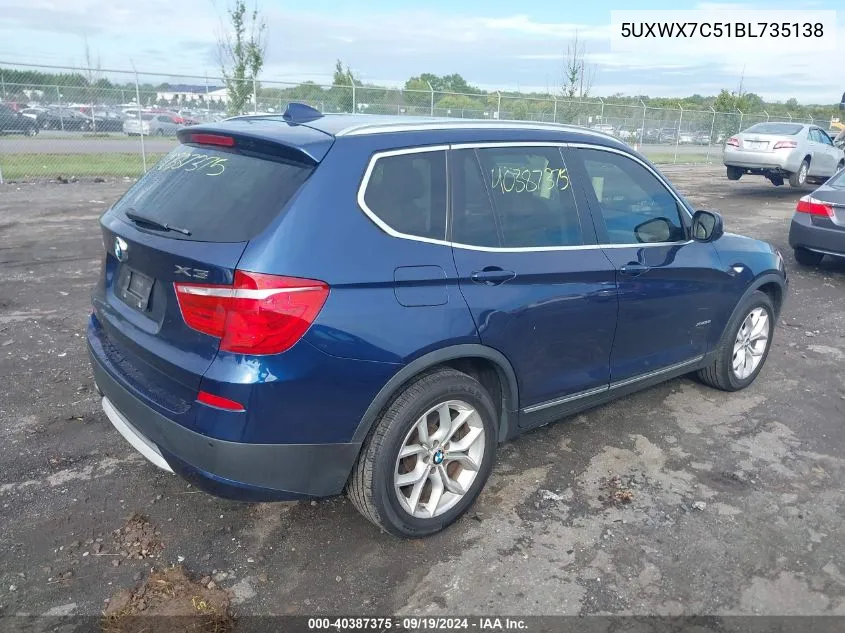 2011 BMW X3 xDrive35I VIN: 5UXWX7C51BL735138 Lot: 40387375