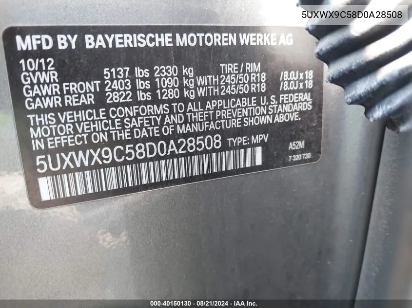 5UXWX9C58D0A28508 2013 BMW X3 xDrive28I