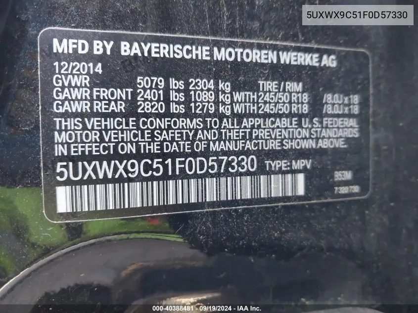 5UXWX9C51F0D57330 2015 BMW X3 xDrive28I