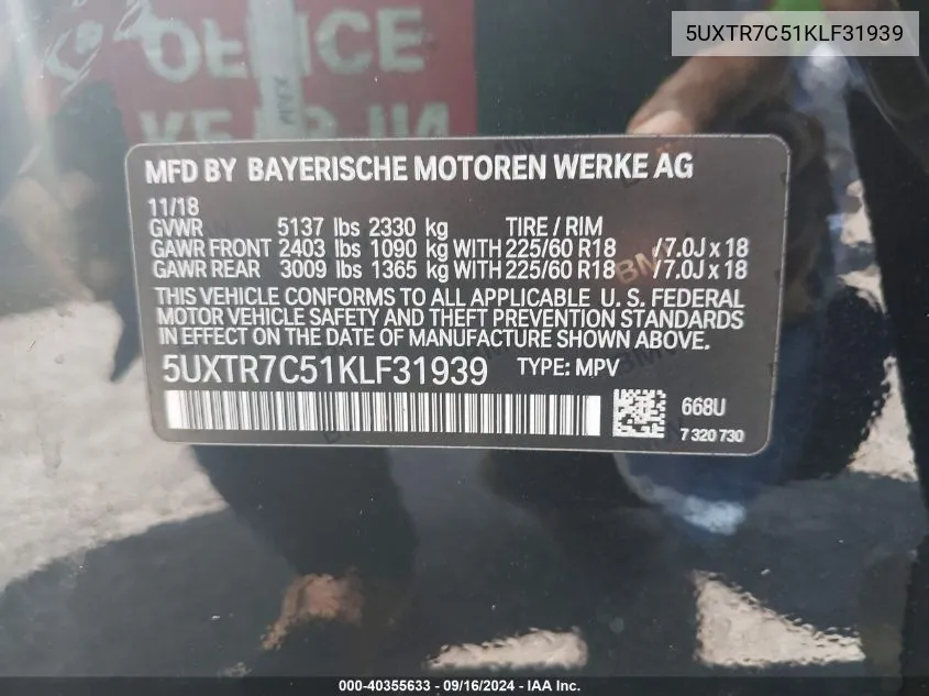 5UXTR7C51KLF31939 2019 BMW X3 Sdrive30I