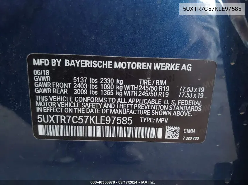 5UXTR7C57KLE97585 2019 BMW X3 Sdrive30I