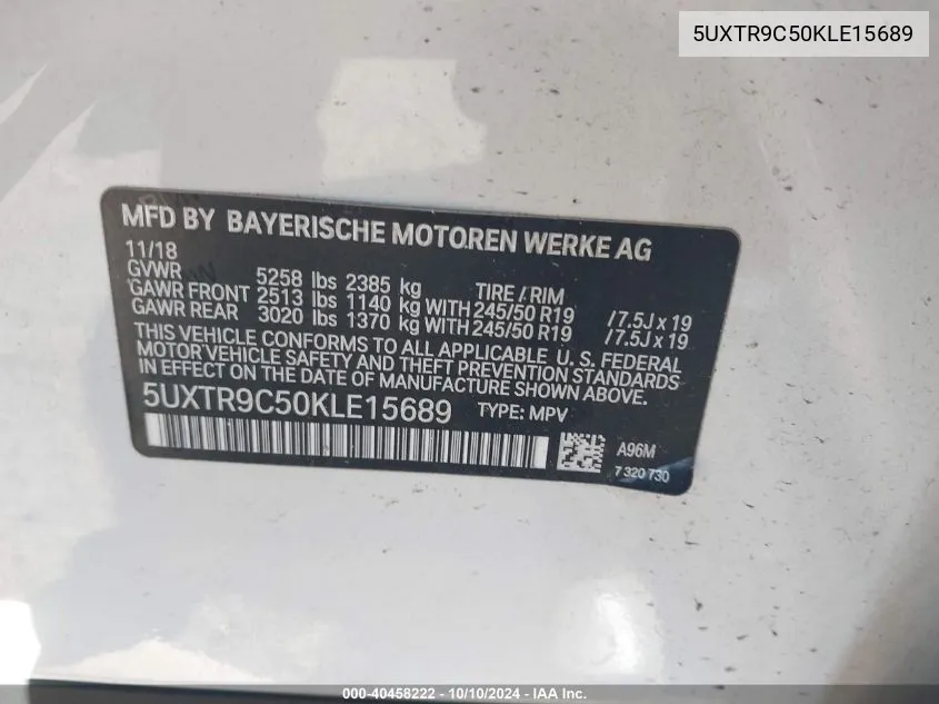 5UXTR9C50KLE15689 2019 BMW X3 xDrive30I