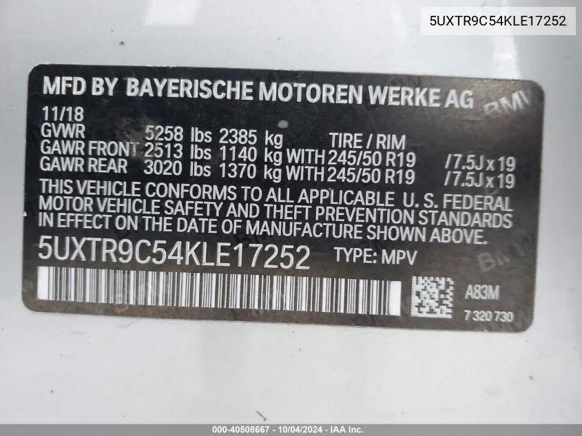 5UXTR9C54KLE17252 2019 BMW X3 xDrive30I