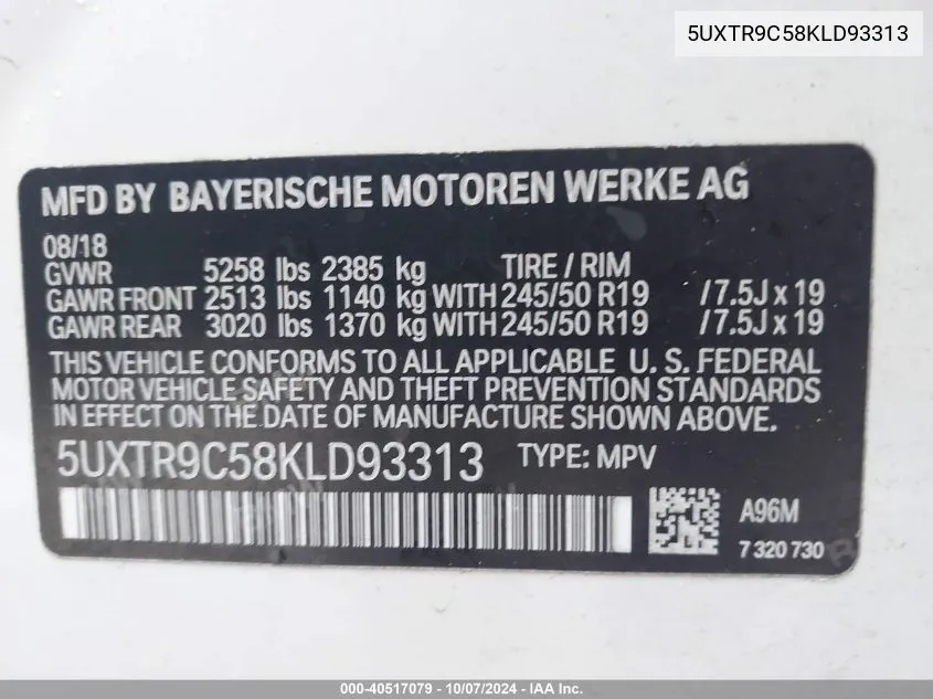 5UXTR9C58KLD93313 2019 BMW X3 xDrive30I