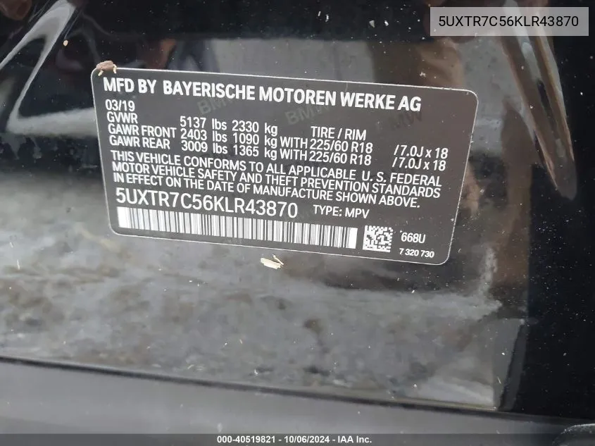 5UXTR7C56KLR43870 2019 BMW X3 Sdrive30I