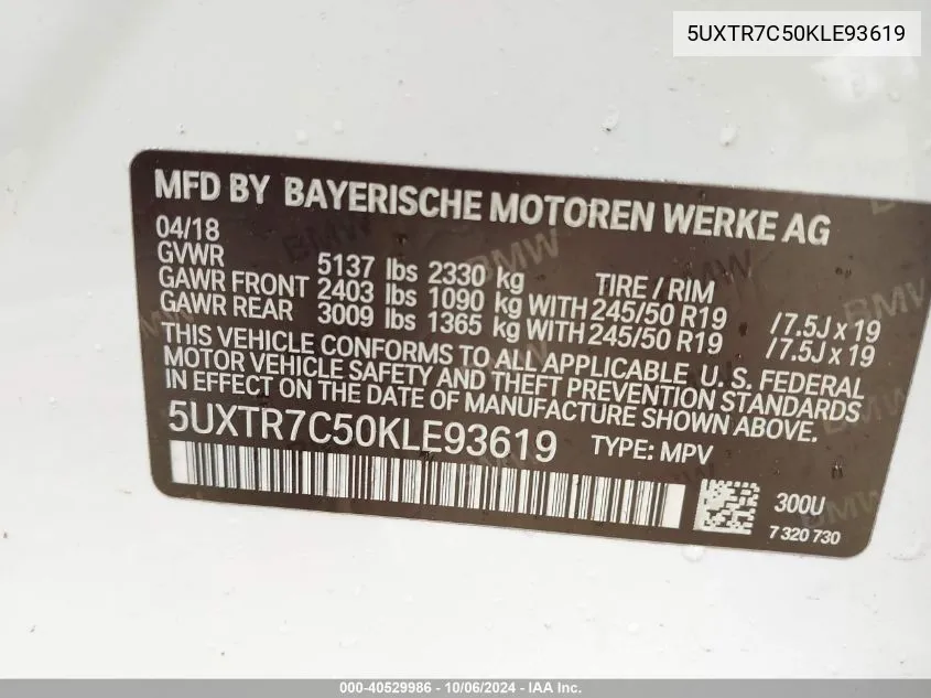 5UXTR7C50KLE93619 2019 BMW X3 Sdrive30I