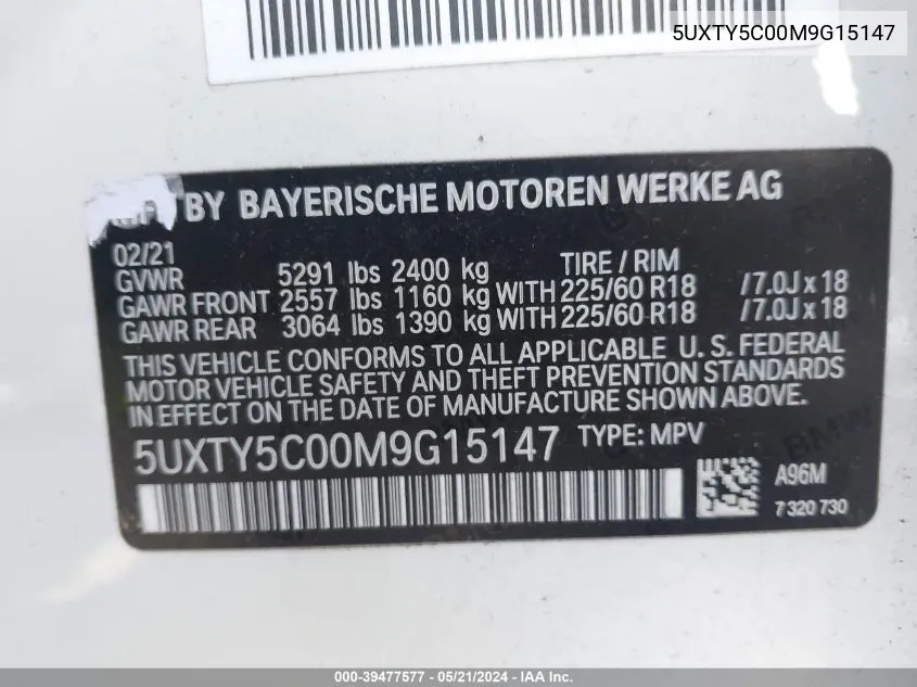 5UXTY5C00M9G15147 2021 BMW X3 xDrive30I