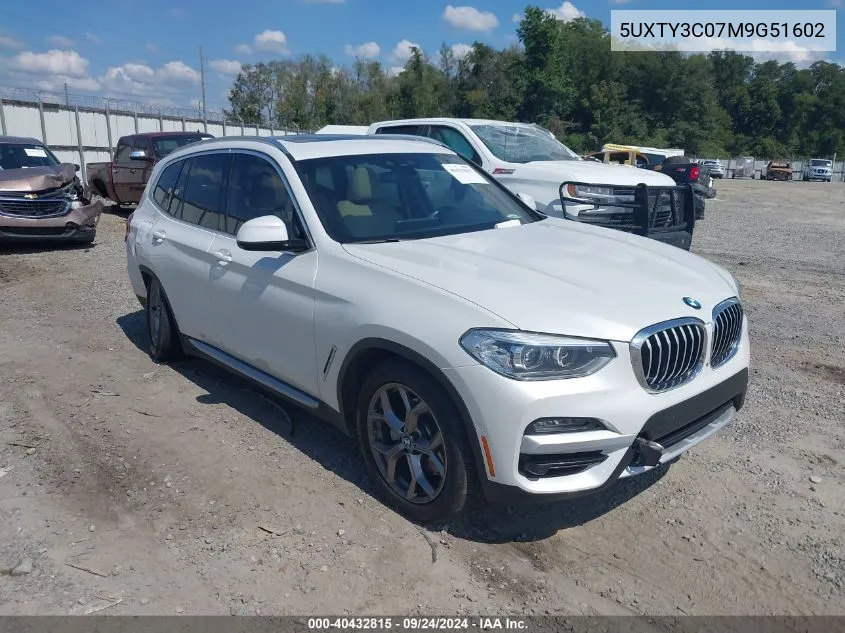 5UXTY3C07M9G51602 2021 BMW X3 Sdrive30I