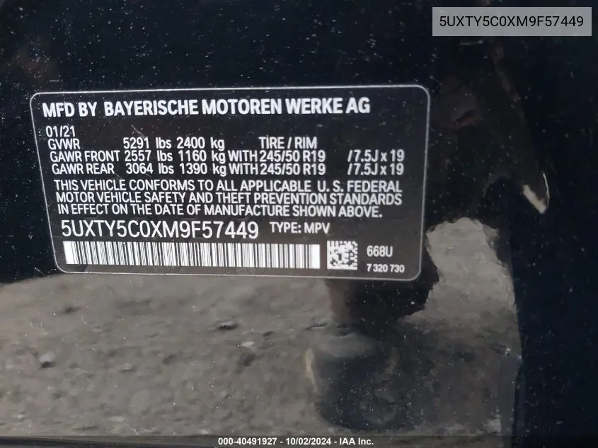 2021 BMW X3 xDrive30I VIN: 5UXTY5C0XM9F57449 Lot: 40491927